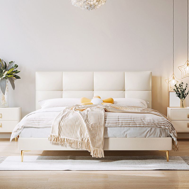 Glam White Upholstered Tufted Bed Frame Genuine Leather Panel Bed