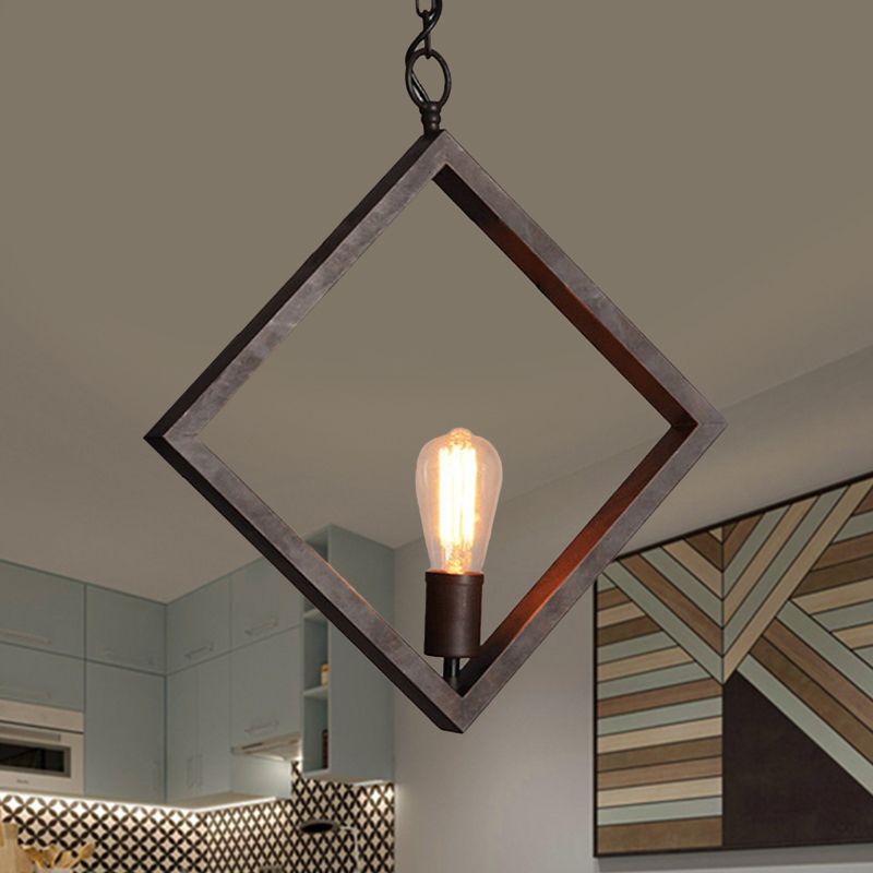 Black 1 Head Suspension Light with Bare Bulb Design Industrial Metal Square Frame Ceiling Pendant Lamp