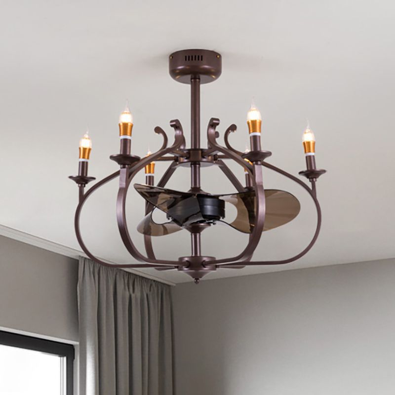 Coffee Caged Chandelier Pendant Light Vintage Style 6 Lights Metal Ceiling Lamp with Candle Design for Dining Room