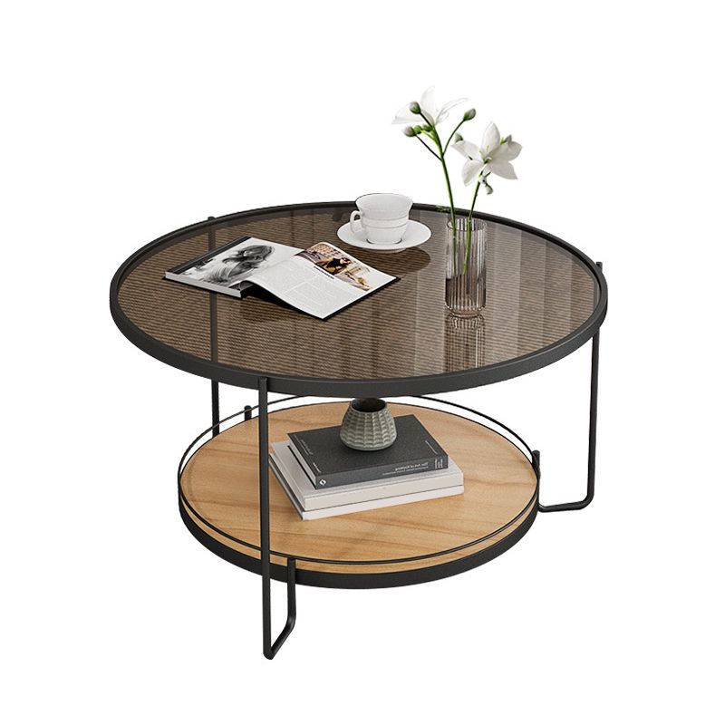 Round Glass Top Coffee Table 17.7" H Iron 3 Legs Cocktail Table with Shelf
