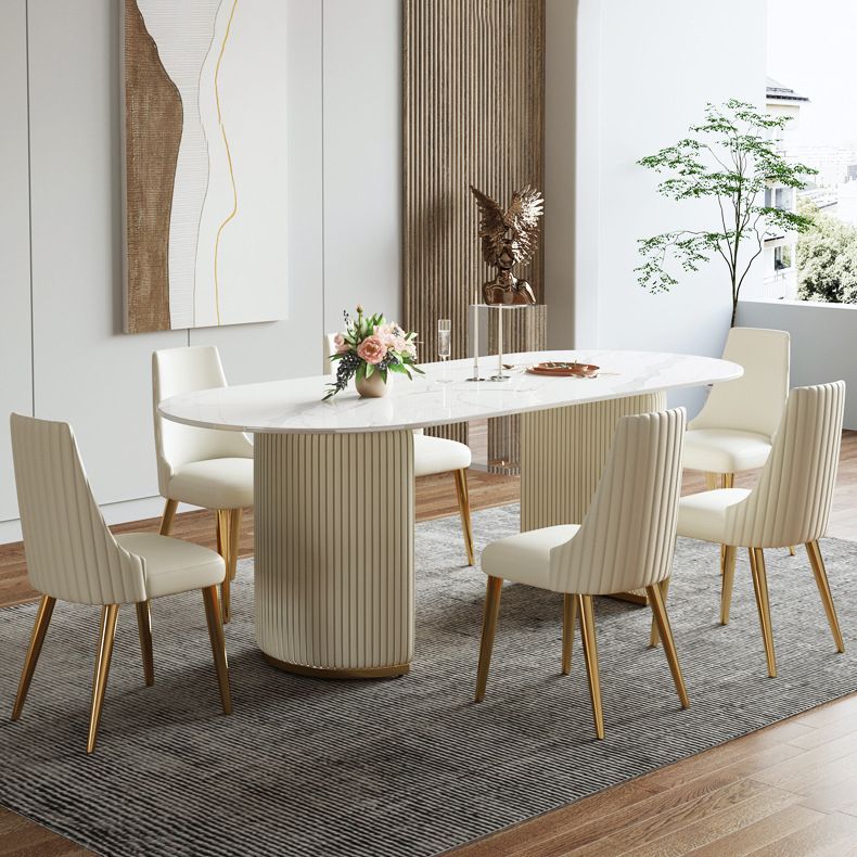 Sintered Stone Top Dining Table Oval Table with Metal Base and Double Pedestal
