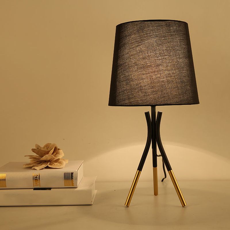 Conical Fabric 3-Leg Table Lamp Nordic 1 Bulb Black/White and Gold Night Stand Light for Bedroom