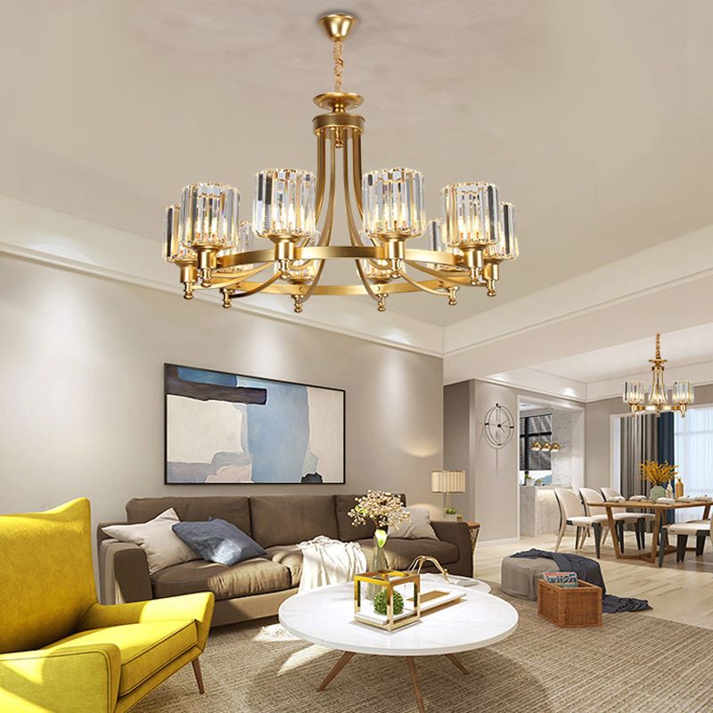 Cylindre Crystal Rod Sanging Plafond Light Postmodern 10 têtes Black / Brass Pendant Pendard Chandelier