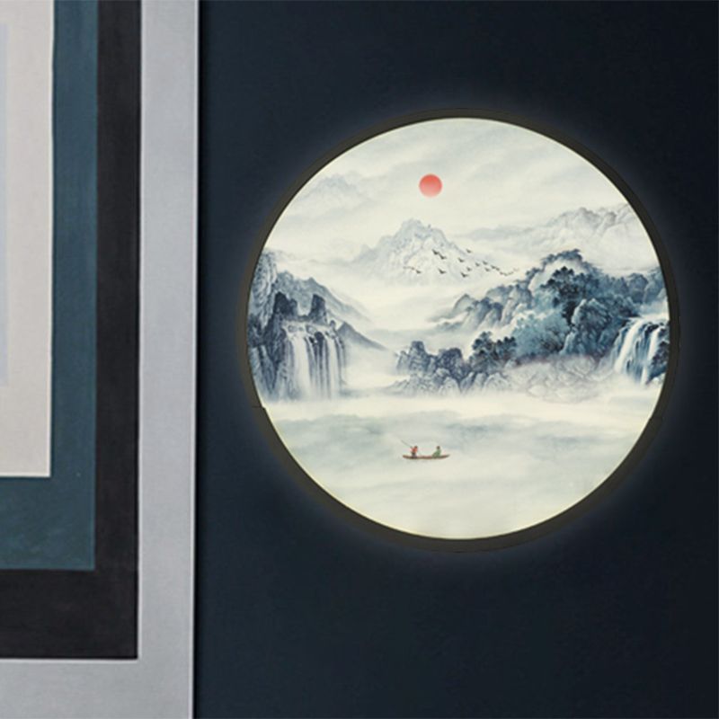 Rounded Bedroom Mountain Wall Lamp Acrylic LED Oriental Wall Mural Light in Black