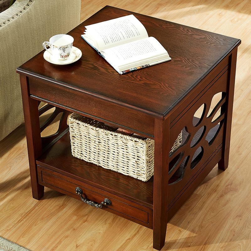 Modern Square Double Tier End Table Solid Wood 4 Legs End Table