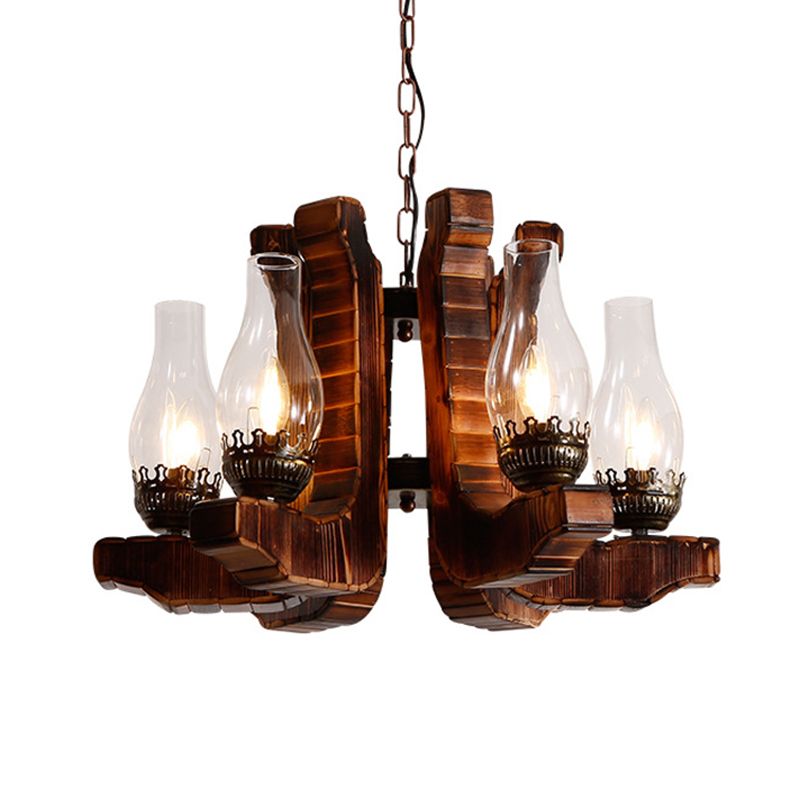 Light en verre transparent en verre transparent à 6 légers L'entrepôt de randonnée en kérosène marron pendentif avec un bras torsadé en bois