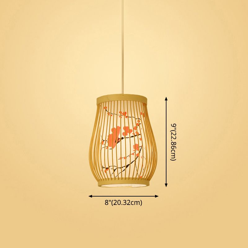 Chinoiserie gewebte Hängende Leuchten Bambus Single Tea Room Deckenleuchte mit Drucklampenkel