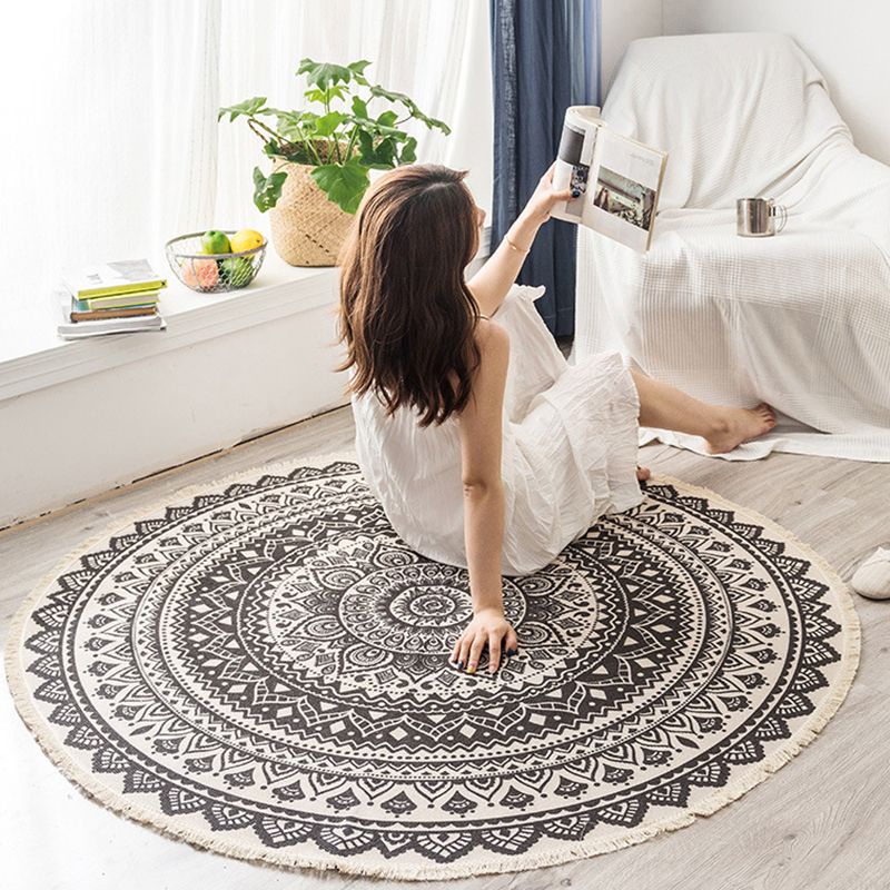 Tapis d'intérieur rond Simple en coton, ton blanc, octogonal, imprimé de fleurs, à franges, pour salon