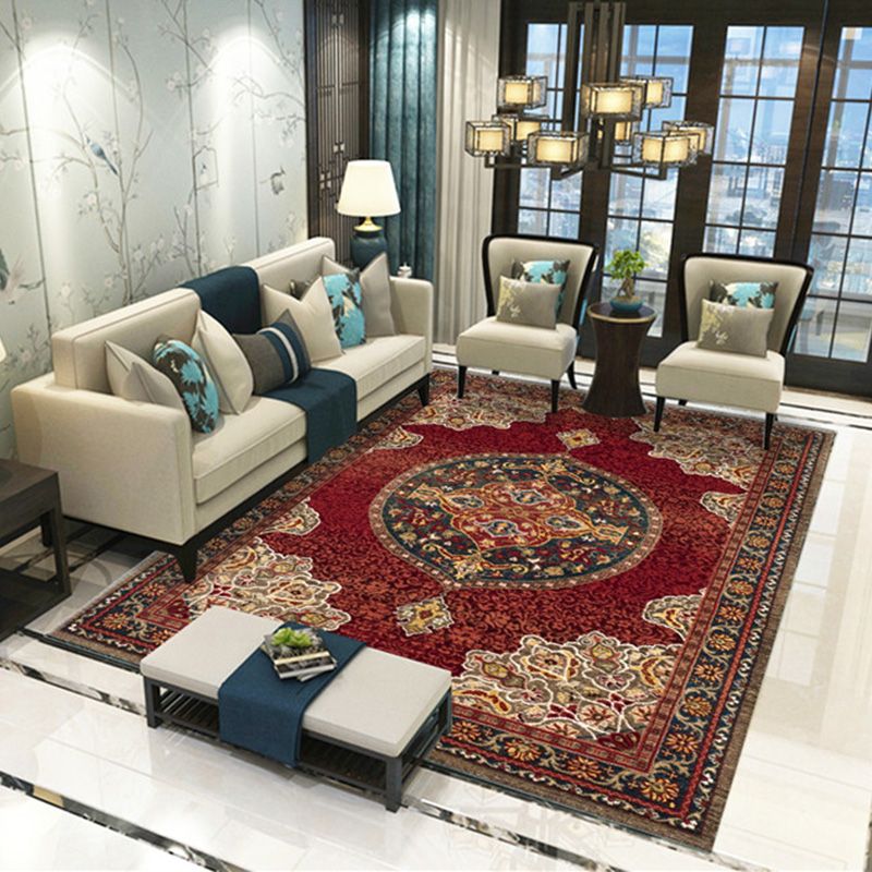 Dark Red Rug Blended Graphic Rug Non-Slip Backing Rug Washable Rug for Living Room