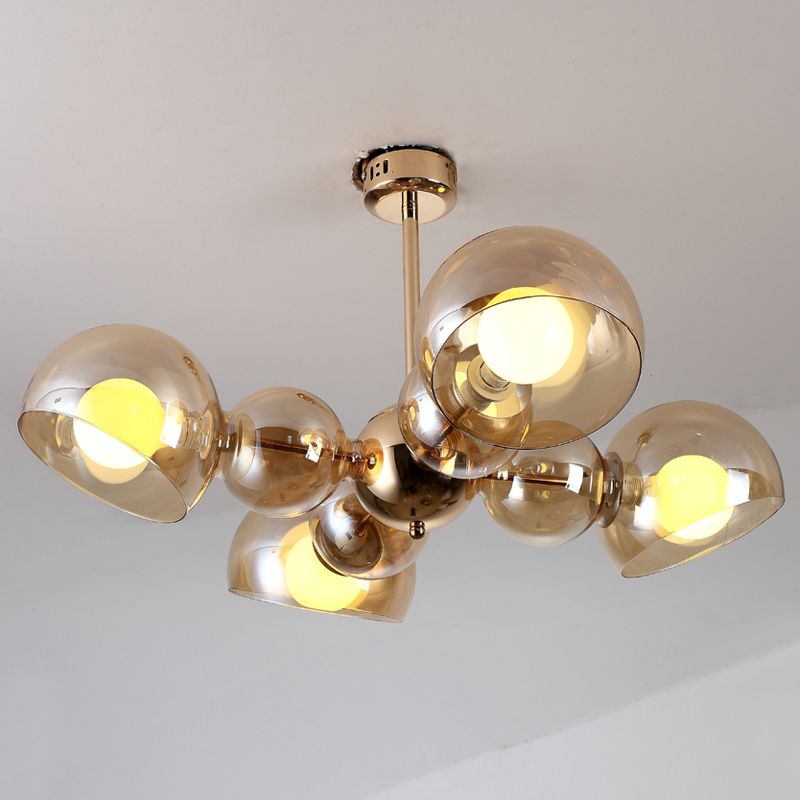4/6 Lights Bedroom Semi Mount Lighting Brass Ceiling Light Fixture with Bowl Amber Glass Shade