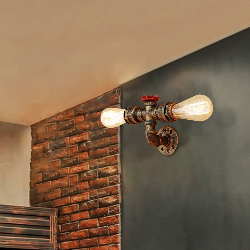 Bronze/Antique Brass 2 Heads Wall Light Fixture Warehouse Style Wrought Iron Bare Bulb Sconce Lamp with Pipe and Valve