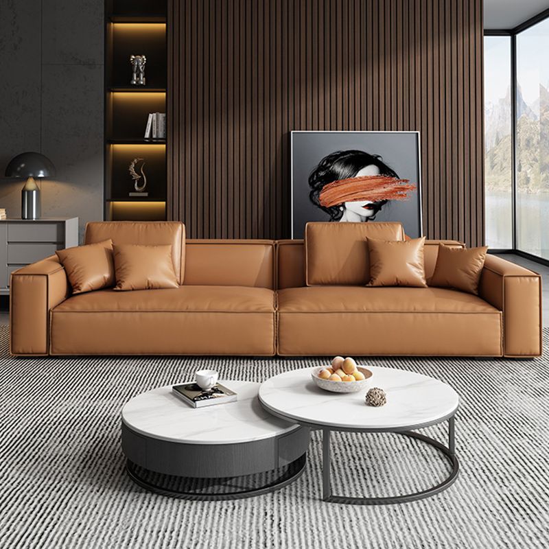 Genuine Leather Square Arm Living Room Standard Dark Brown Seating