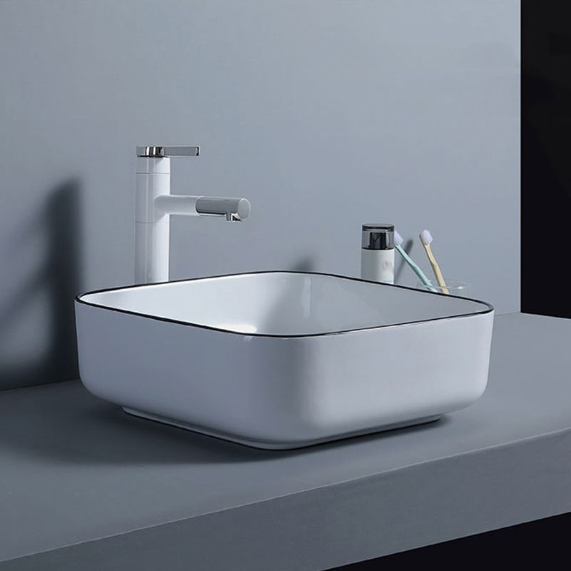 Modern Bathroom Sink with Single Faucet Hole Porcelain Rectangular Vessel Bathroom Sink