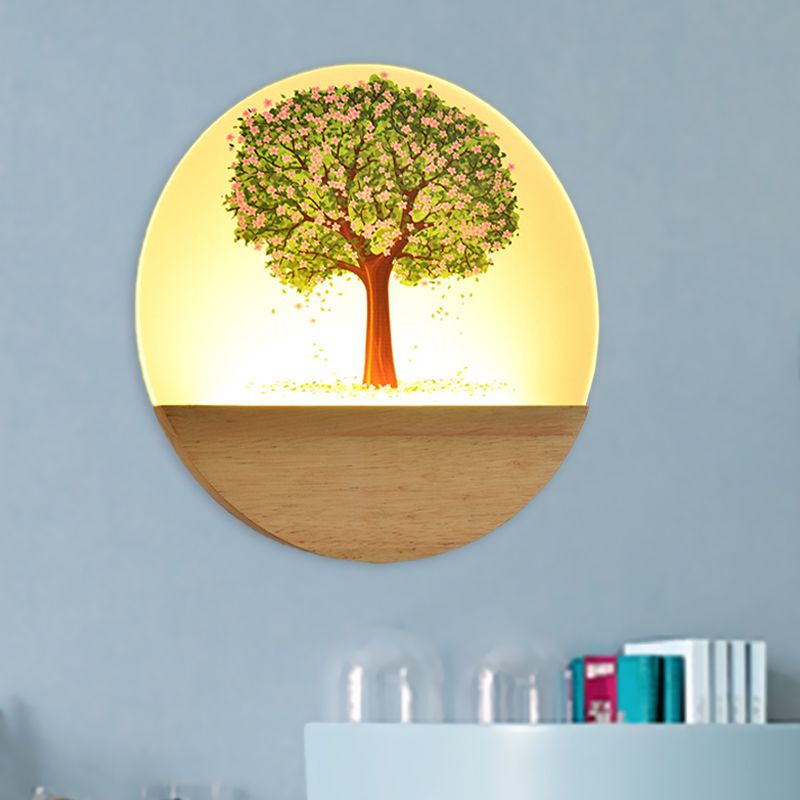 Nordic Style Round Tree Mural Lamp Acrylic LED Guest Room Wall Mounted Light Fixture in Wood