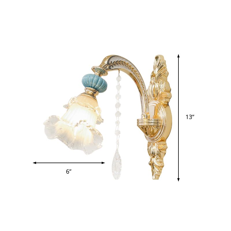 Flower Wall Mount Light Nordic White Glass 1/2 Lights Gold Wall Mount Light for Bedroom with Crystal Drop
