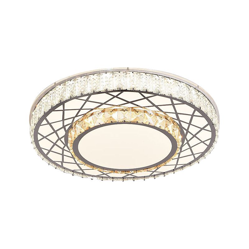 LED Clear Beveled Crystal Blocks Light Fixture Modern Stainless-Steel Round Great Room Flush Mount Fixture