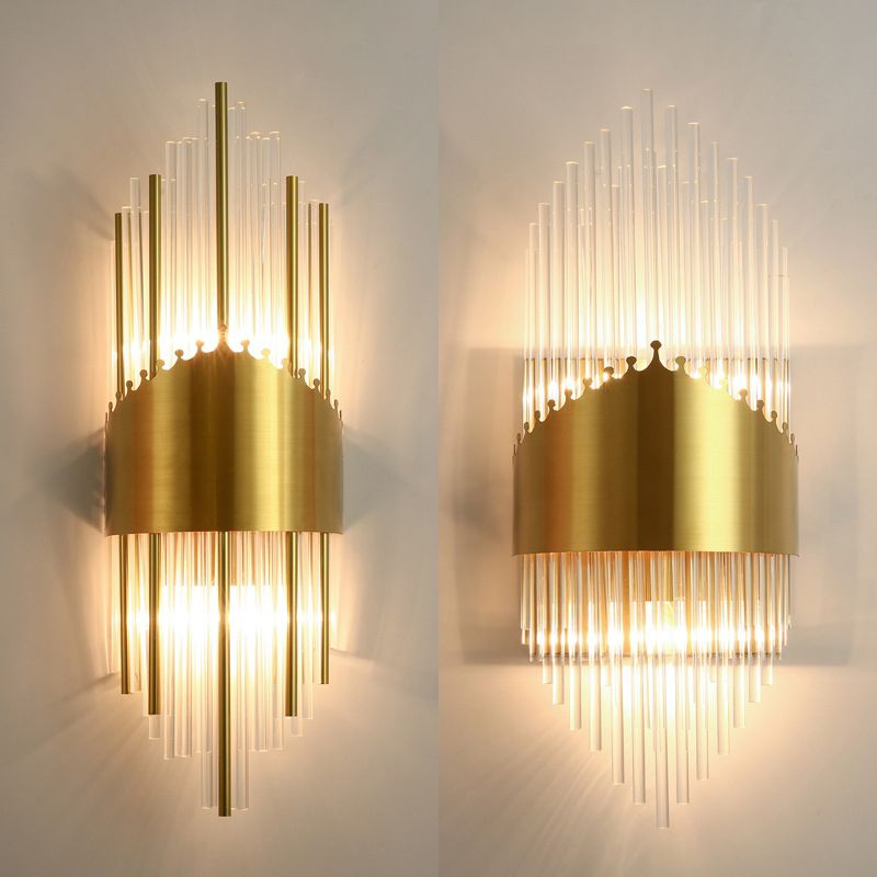 Fluted Crystal Flush Wall Sconce Postmodern Style 2-Bulb Gold Wall Lamp for Living Room