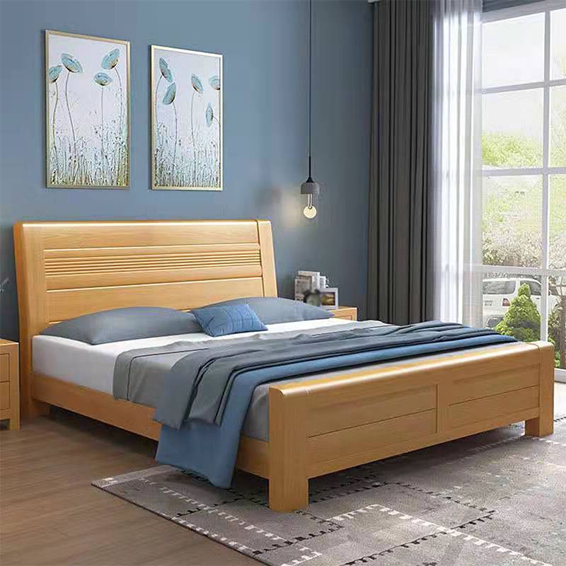 Scandinavian Natural Wooden Sleigh Bed with Rectangular Headboard