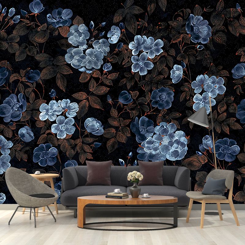 Blue and Black Flower Mural Wallpaper Bedroom Decorative Wall Art, Personalized Size Available