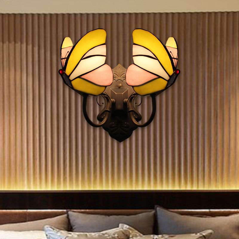 Butterfly Wall Mount Fixture Country Stained Glass 2 Lights Wall Sconce Lamp Fixture for Living Room