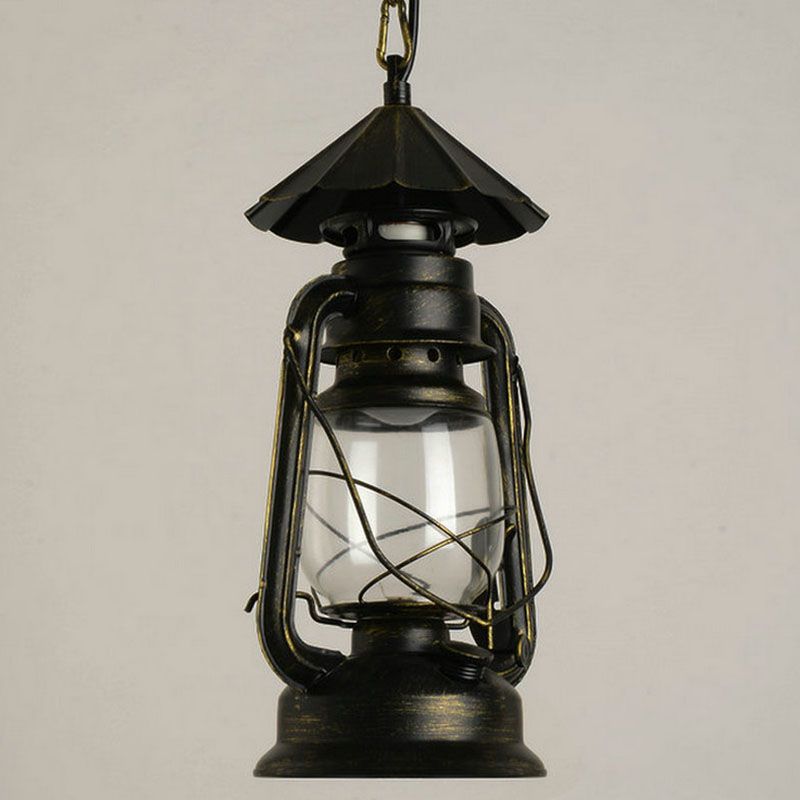 Nautical Kerosene Lantern Pendant Light Single-Bulb Clear Glass Hanging Lamp for Corridor