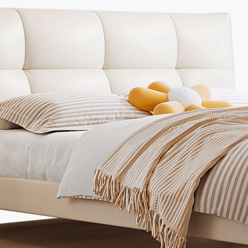 Glam White Upholstered Tufted Bed Frame Genuine Leather Panel Bed