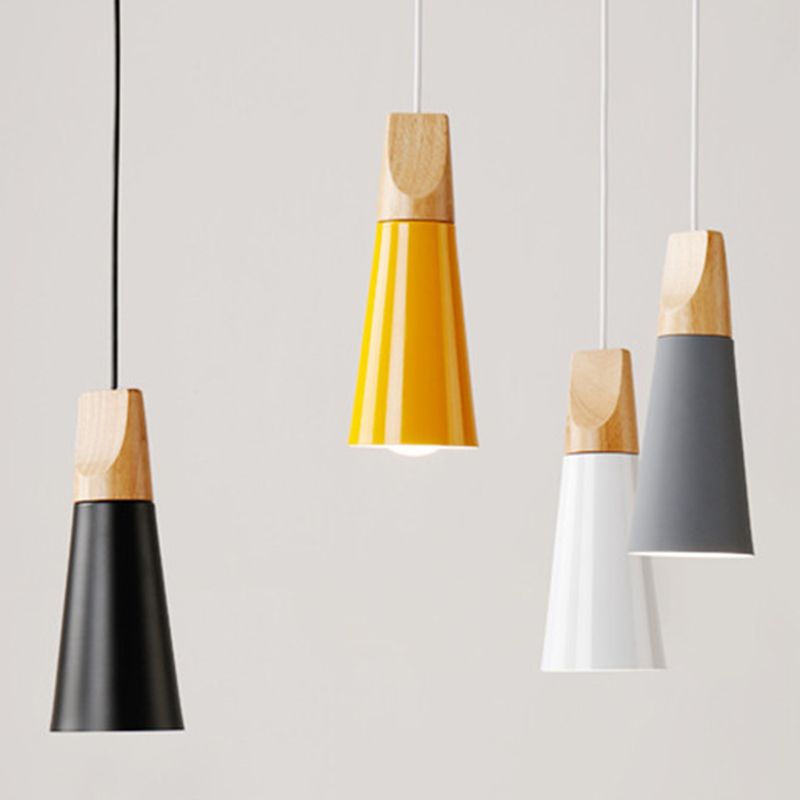 1 Light Metal Tapered Pendant Lamp Nordic Style Wooden Top Living Room Hanging Lamp