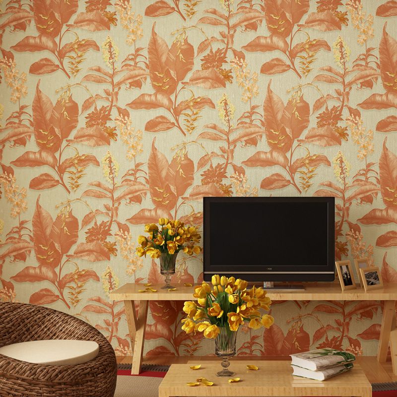 Smooth Non-Woven Wallpaper Rust Unpasted Wall Art with Banana Leaves Pattern for Accent Wall