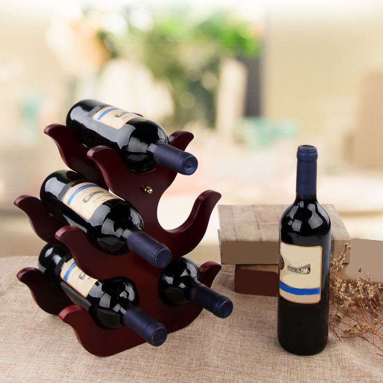 Mid-Century Modern Wine Bottle Rack Tabletop Solid Wood Bottle Holder in Torched Brown