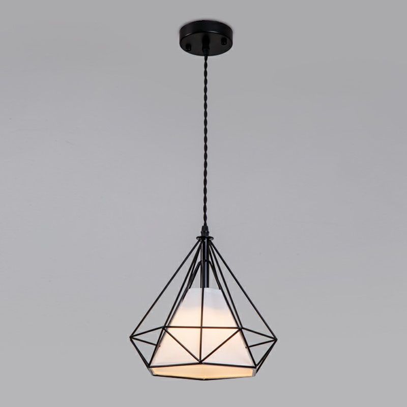 1-Light Pendant Light Antique Diamond Cage Iron Hanging Light Fixture for Dining Room
