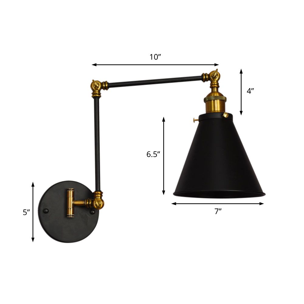Black One Light Sconce Light Industrial Metal Cone Shade Wall Lighting Fixture for Living Room
