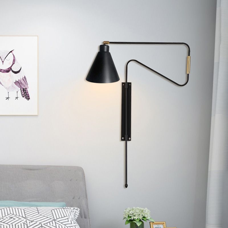 1-Bulb Wall Lighting Vintage Conical Iron Rotatable Wall Mount Sconce with Black/Gold/Coffee Backplate and Arm