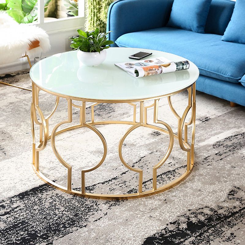Contemporary Round Glass Coffee Table with Iron Frame Base Cocktail Table