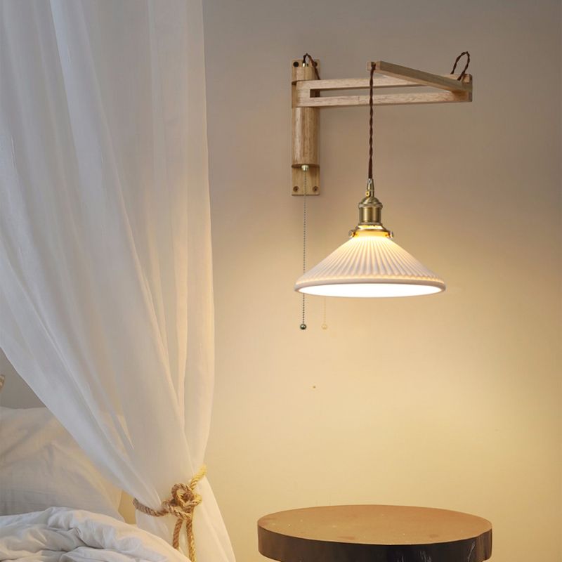 Modern Style Wall Light Fixture Wooden Wall Light Sconce with Adjustable Arm for Bedroom