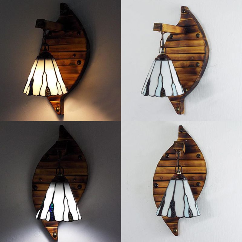 Cone Shape Wall Light Retro Style Colorful Stained Glass 1 Light Wall Sconce Lamp Fixture in White/Light Blue/Light Blue-White/Orange-Red/Yellow/White for Balcony