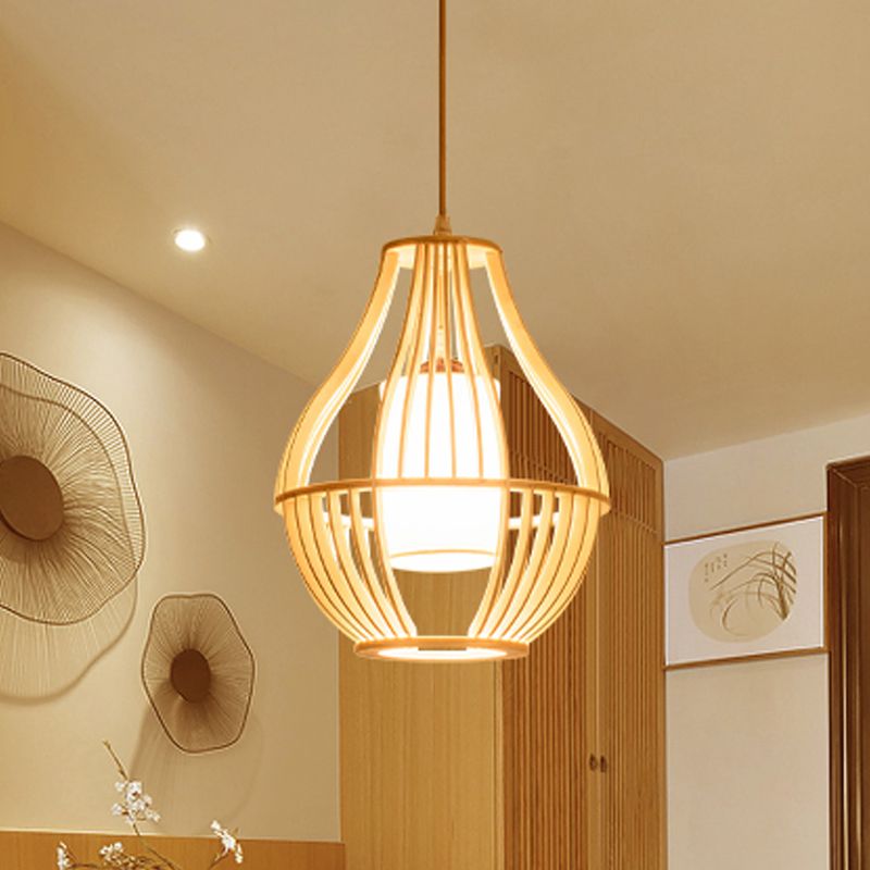 Wood Basket Suspension Pendant Light Farmhouse 1 Bulb Beige Ceiling Fixture with Fabric Lamp Shade