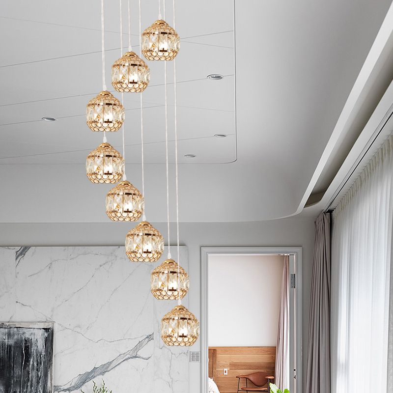 Eingeklagter Kristall Gold Cluster Anhänger Globe 8 Lampen Moderne Hanglampe mit Spiraldesign