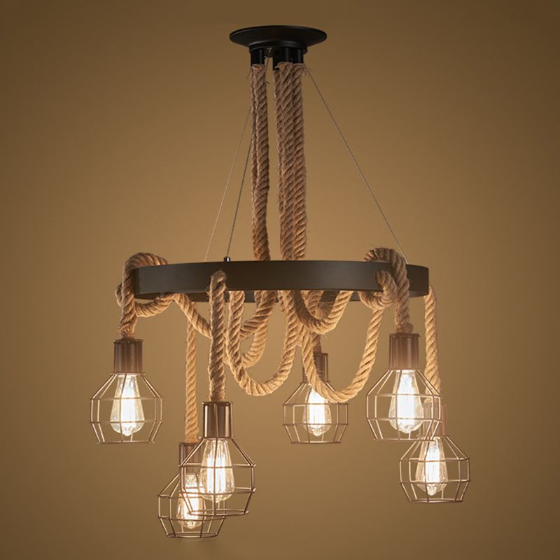 Luces de araña de ruedas de carretas de alambre negro Lámpara de restaurante de cáñamo industrial antiguo