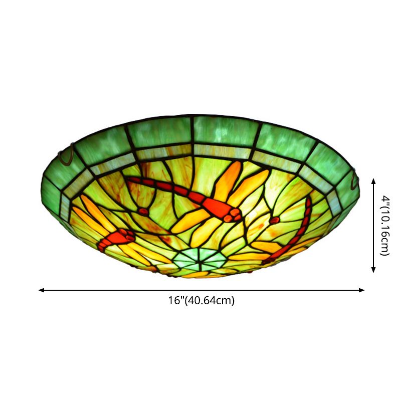 Bowl Flush-Mount Ceiling Light Tiffany Handcrafted Art Glass Flushmount Lamp in Green