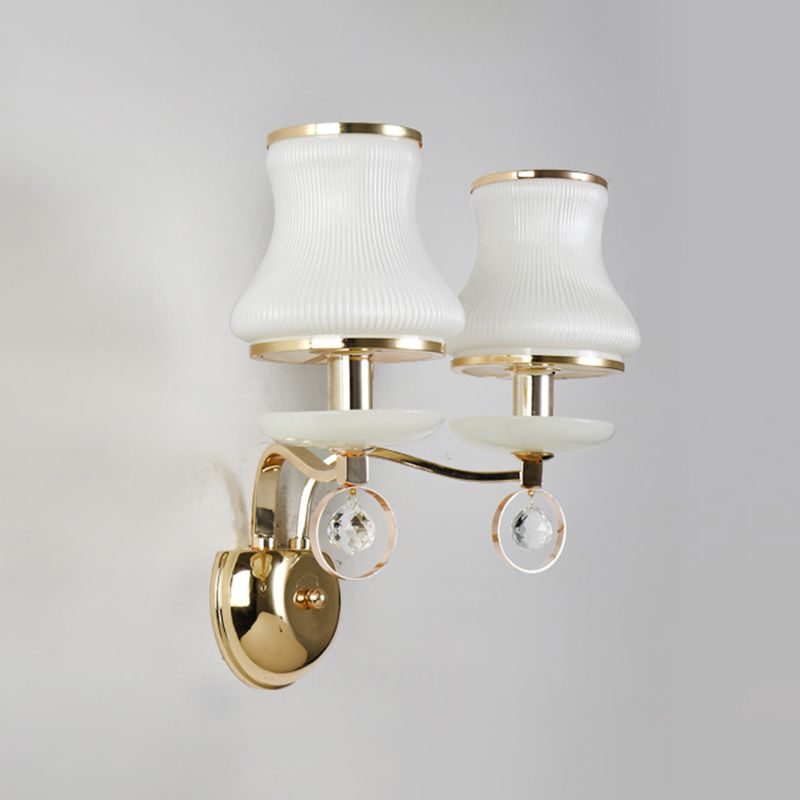 White Glass Flared Sconce Light Modernist 2 Bulbs Wall Mounted Lighting in Gold with Metal Arm