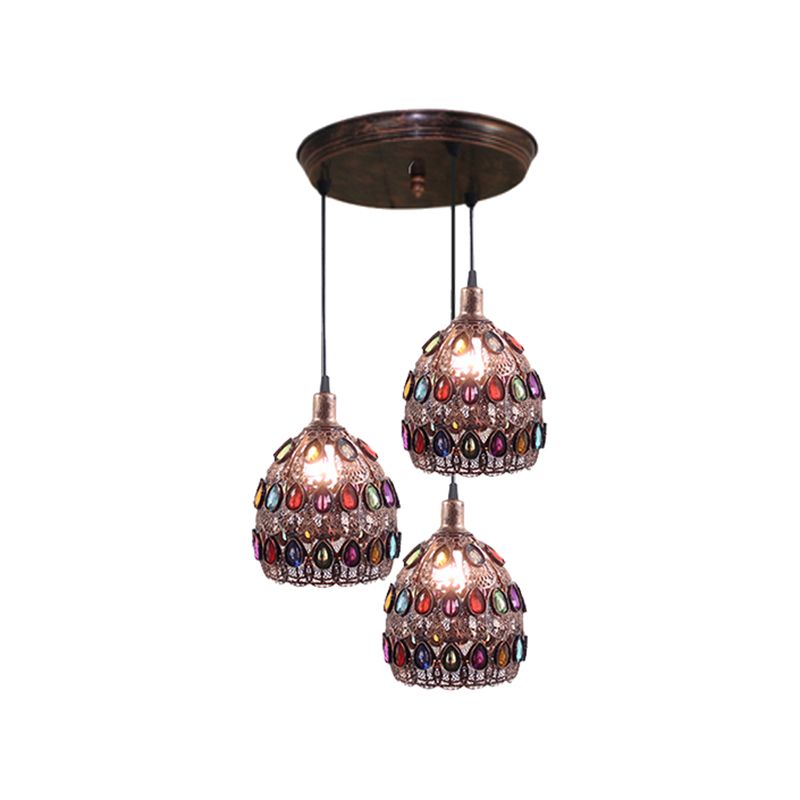 1/3-Light Dome Pendant Ceiling Fixture with Crystal Gem Bohemia Hanging Light in Weathered Copper with Round/Linear Canopy