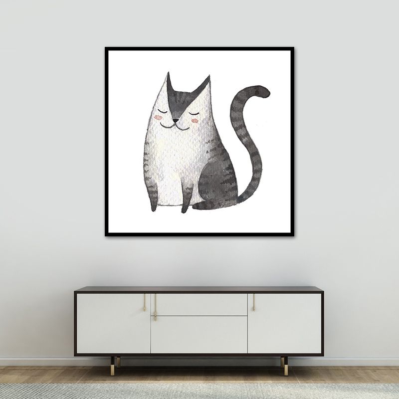 Childrens Art Cat Canvas Print White Botanical Wall Decor for Kids Bedroom, Textured
