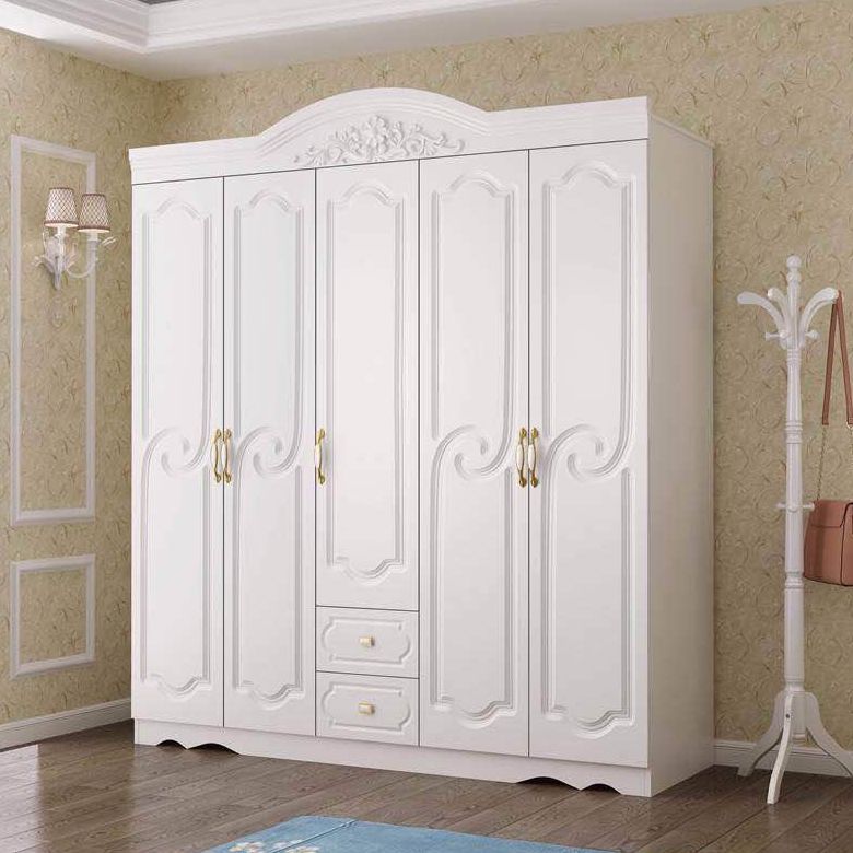 French Country Wardrobe Cabinet White Engineered Wood Wardrobe with 2 Drawers