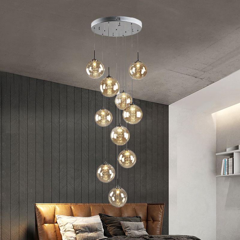 Luce a sospensione di Amber Glass Globe Moderna Lampada a ciondolo a grappolo da soggiorno