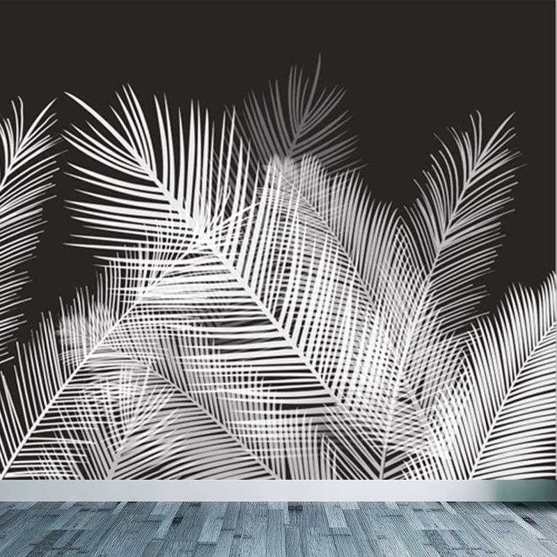Areca Palm Leaves Mural Decal Tropix Non-Woven Cloth Wall Decor in White on Black