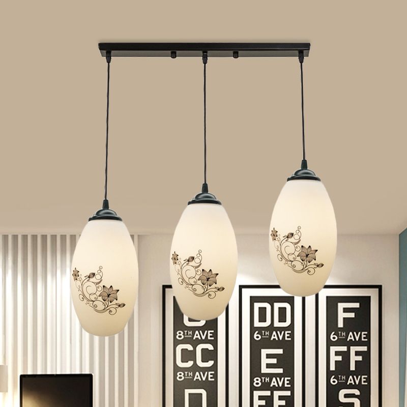 3 Lights Oval Multi-Pendant Modern Black Finish White Printed Glass Ceiling Hang Fixture with Round/Linear Canopy