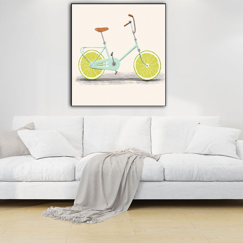 Toile d'art pour enfants de couleur pastel, décoration murale de vélo au citron pour salle à manger, texturée