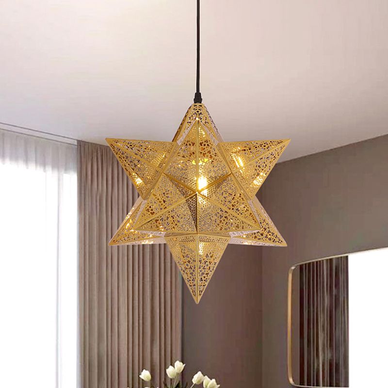 Cutout Star Restaurant Pendant Light Colonial Stainless Steel 1-Bulb Gold Suspension Lighting, 14"/18" Wide