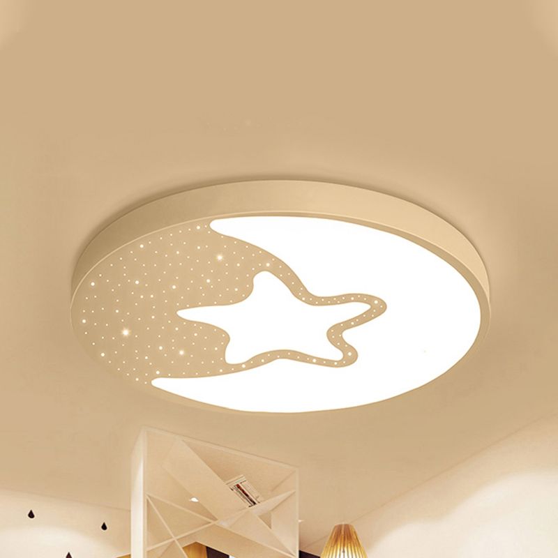 Starry Kid Bedroom Flush Ceiling Light with Crescent Metal Lovely LED Ceiling Fixture in White