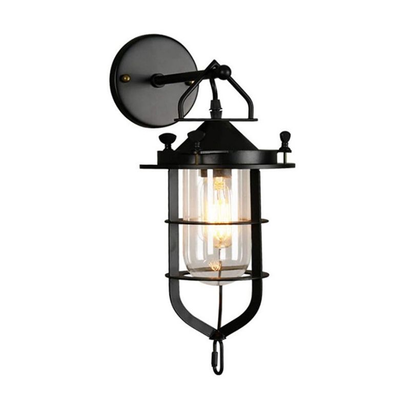 Black Single Wall Light Fixture Industrial Metal Wire Cage Wall Sconce with Clear Glass Shade